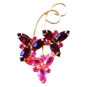 Vintage Mid Century Red & Pink Rhinestones Brooch Elegant Grapevine Cluster Pin
